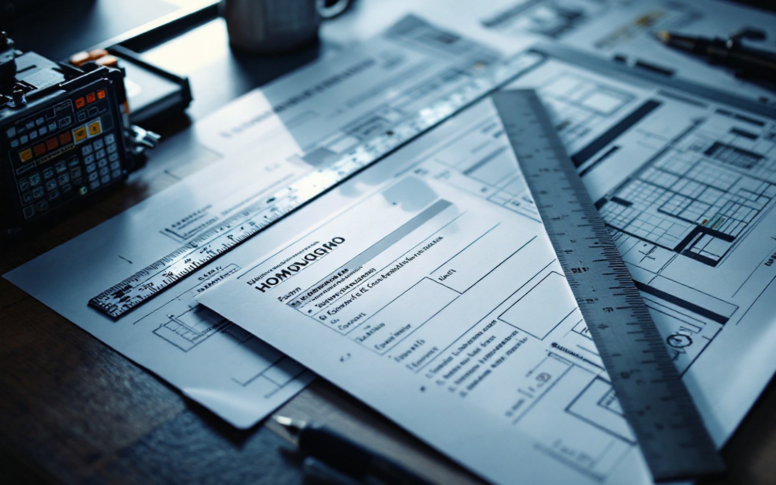 A homologation form and technical drawings laid flat on a desk with a steel rule across them, overhead light