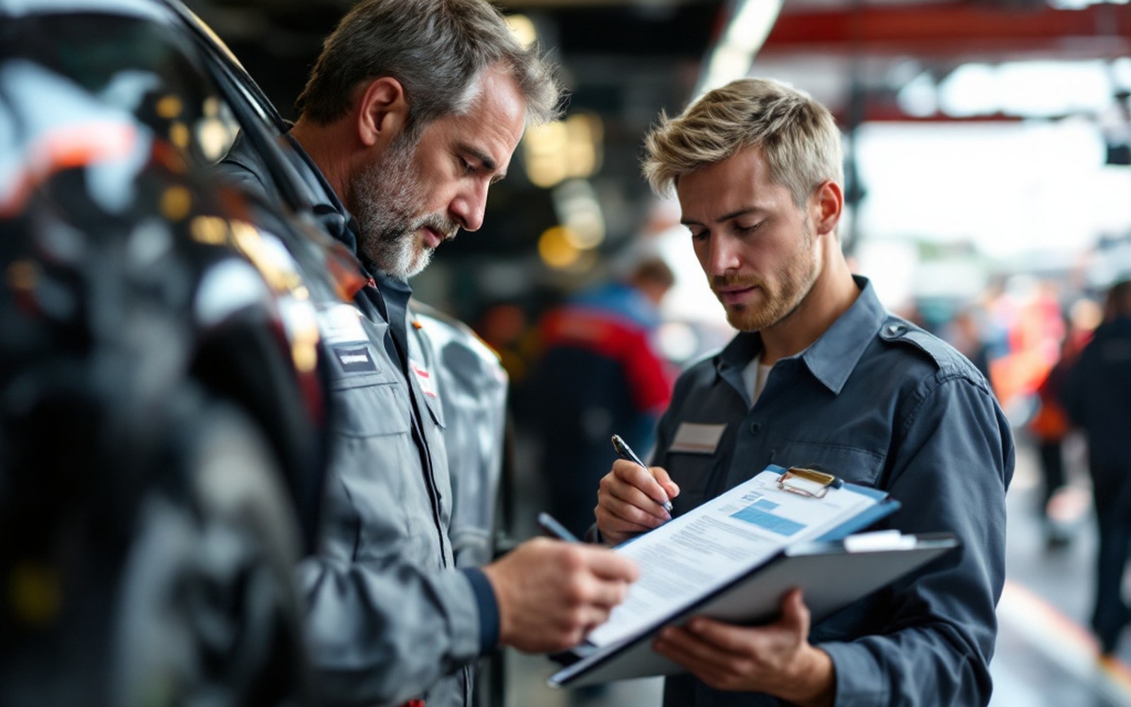 An adult scrutineer measuring a car's ride height with a gauge in the pit lane, clipboard resting on the bodywork