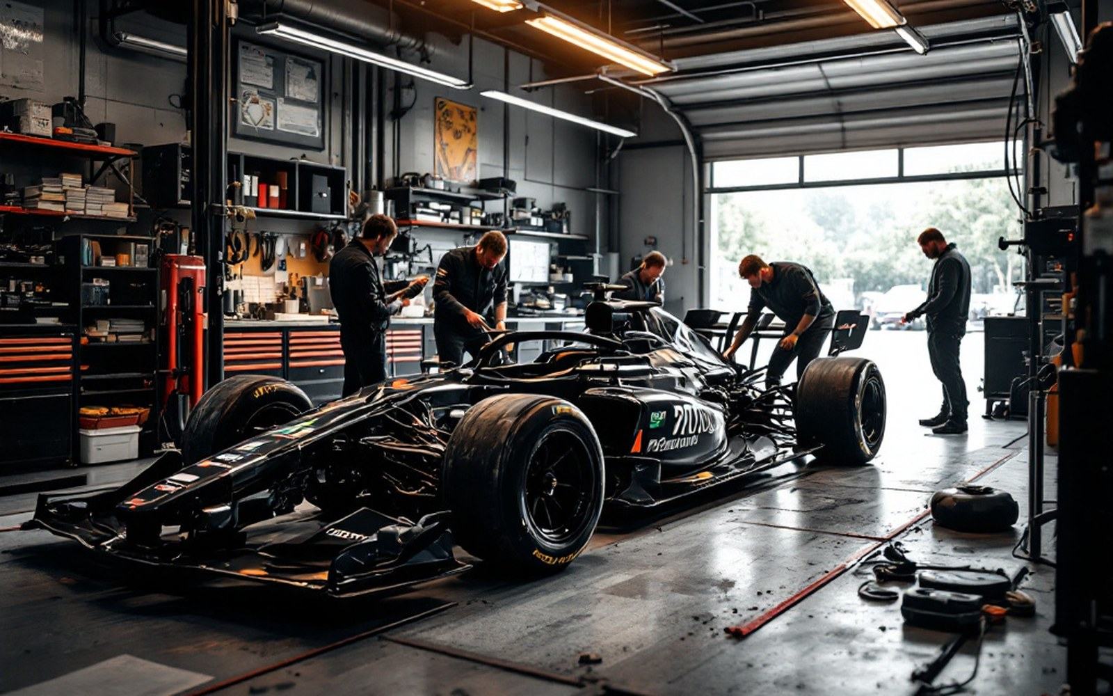 A racing car in a garage with its bodywork removed, floor and suspension exposed, adult mechanics working under strip lighting