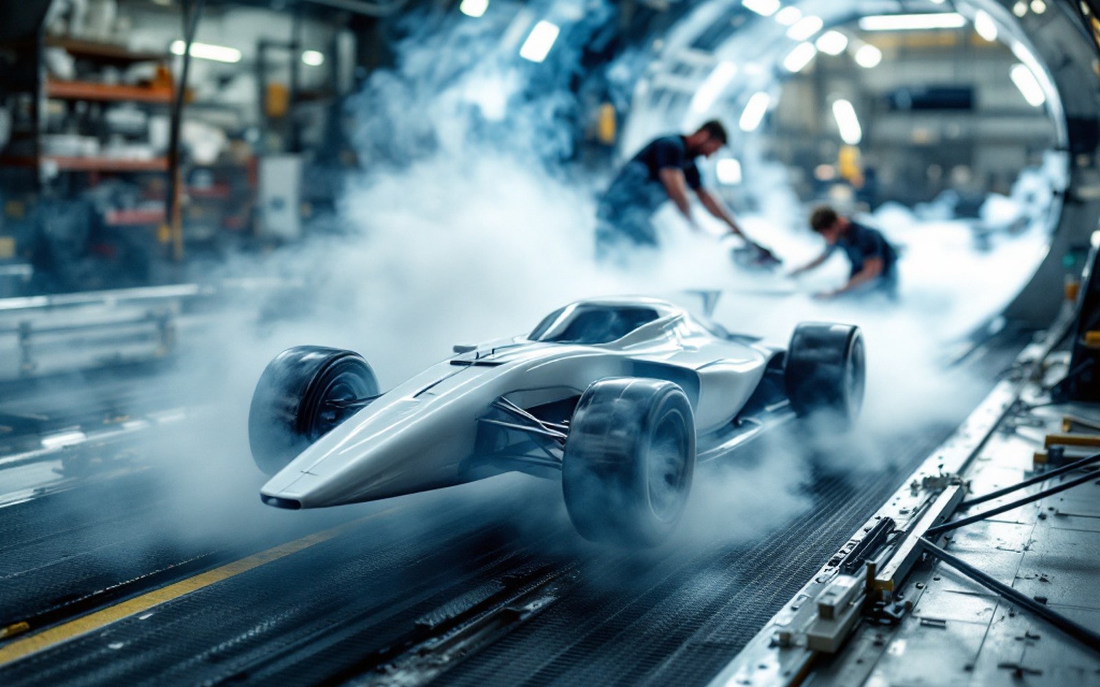 A wind-tunnel model of a racing car on its strut in a test section, smoke streams passing over the body