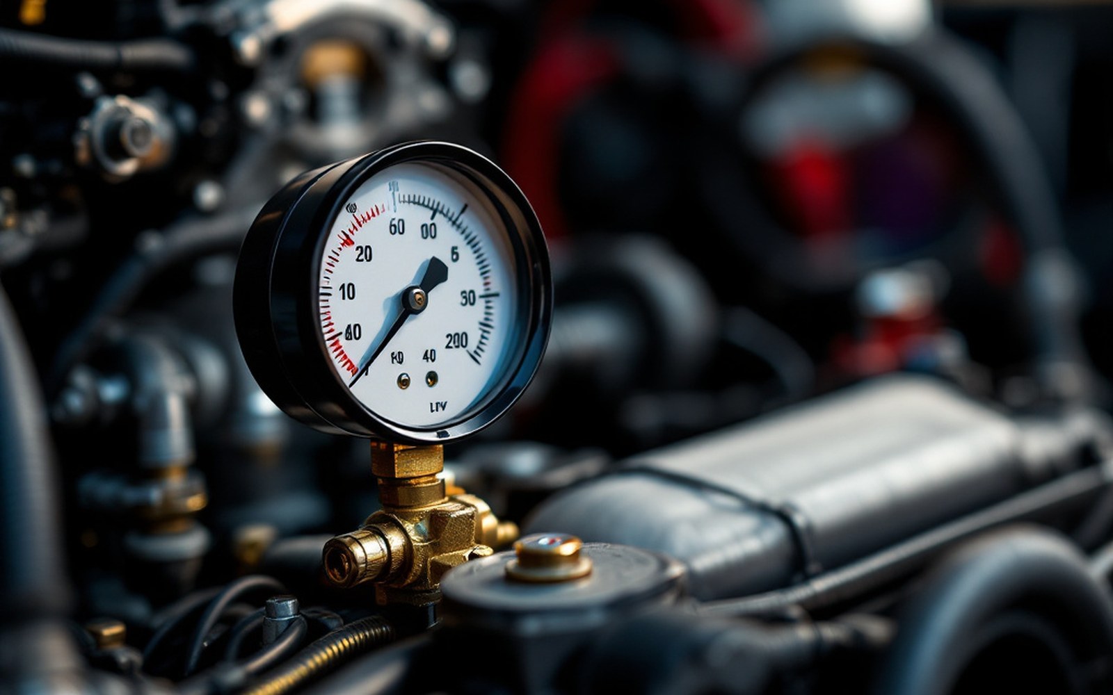 A pressure gauge and pop-off valve fitted to a racing engine's inlet plenum, close, workshop lighting