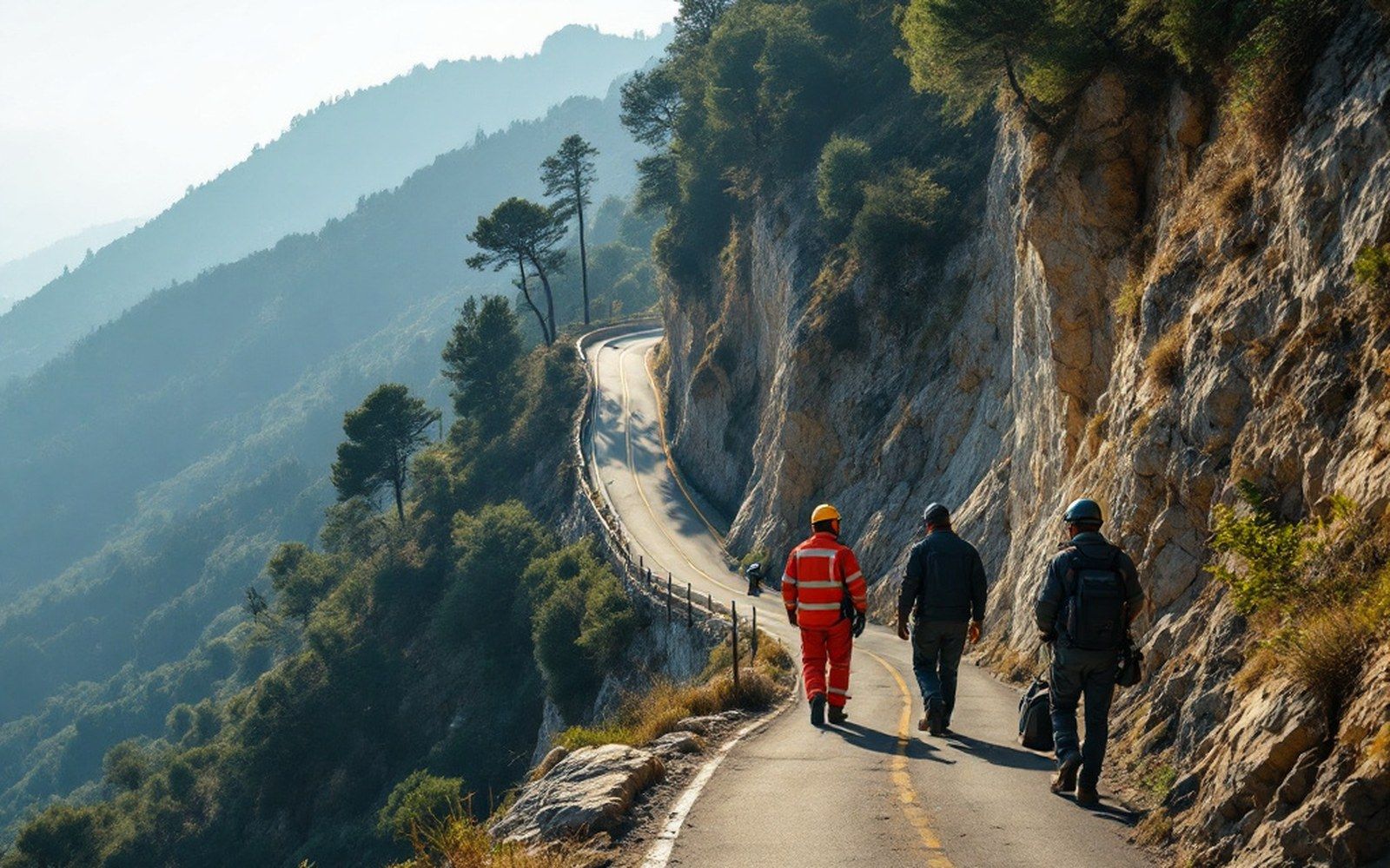 A narrow tarmac mountain road cut into a steep wooded hillside with a sheer unguarded drop on the outer edge, empty, hazy Mediterranean daylight