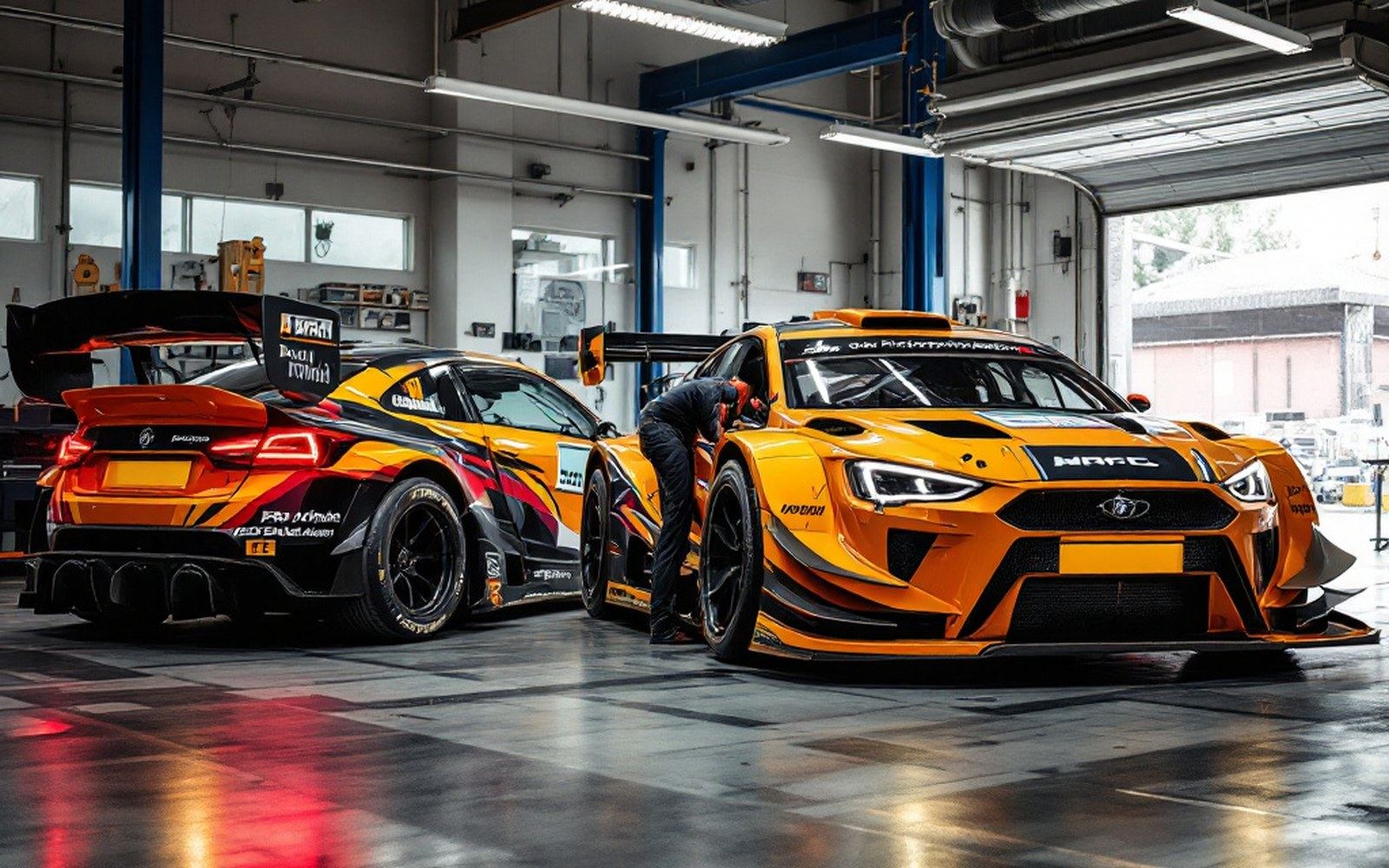A heavily modified rally car with extended arches and large rear wing beside its standard-bodied road version, workshop floor