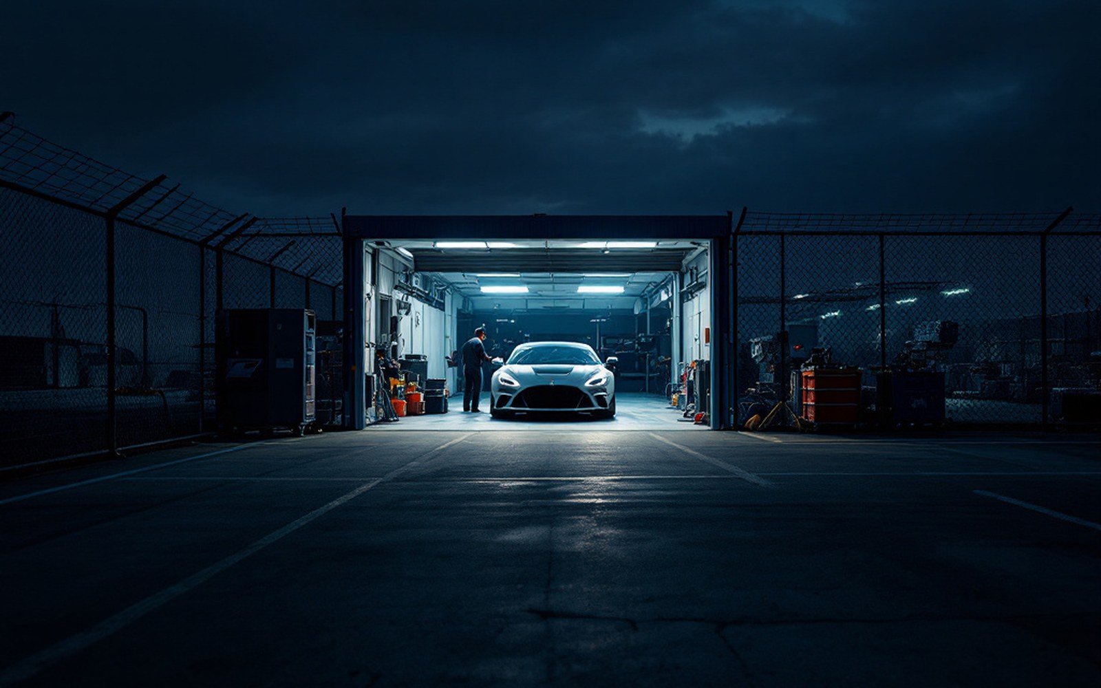 An empty parc fermé area behind a fence with one car under a cover, floodlit at night