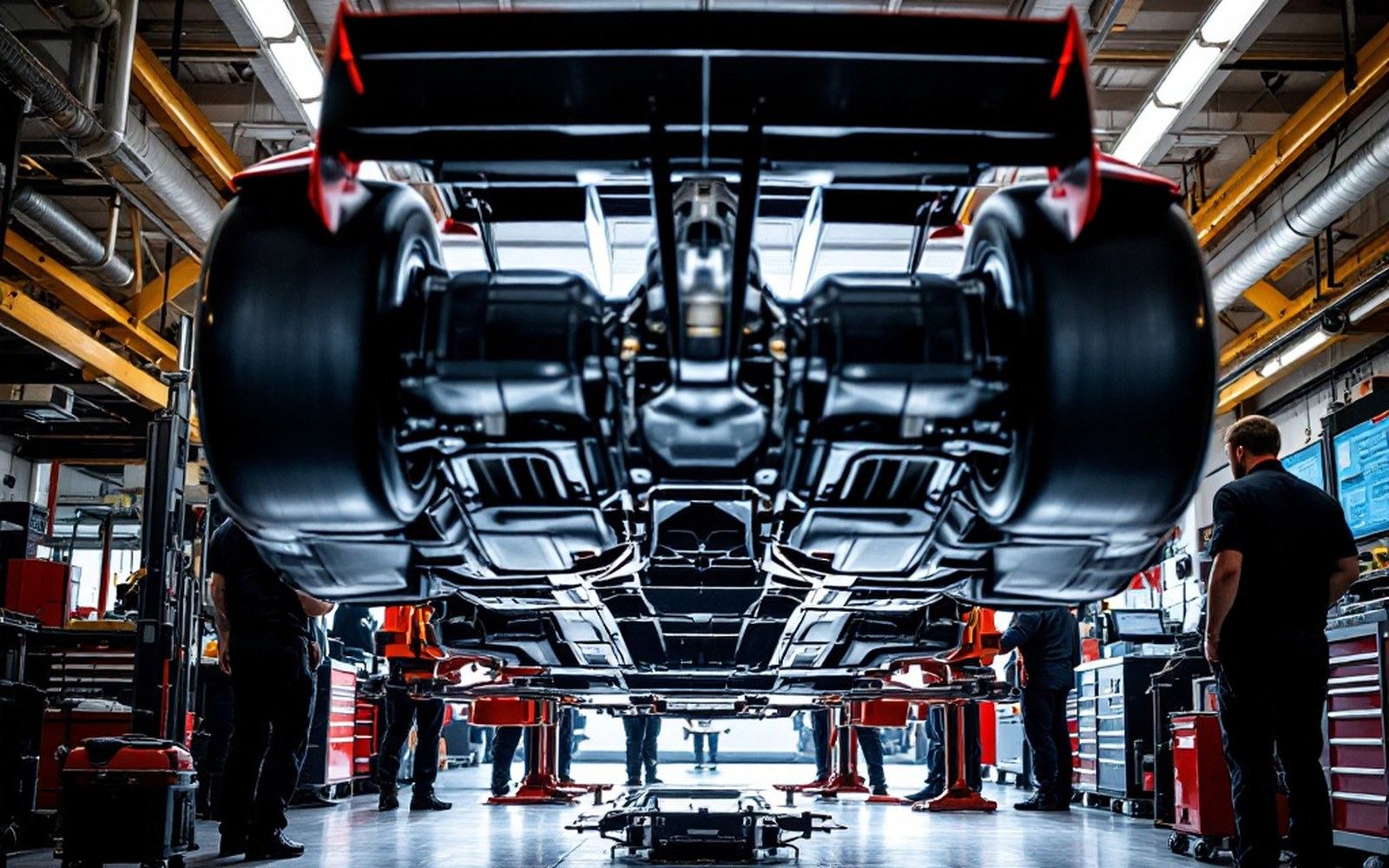 The flat underside of a modern racing car lifted on a stand, the rear diffuser rising at the back, garage lighting