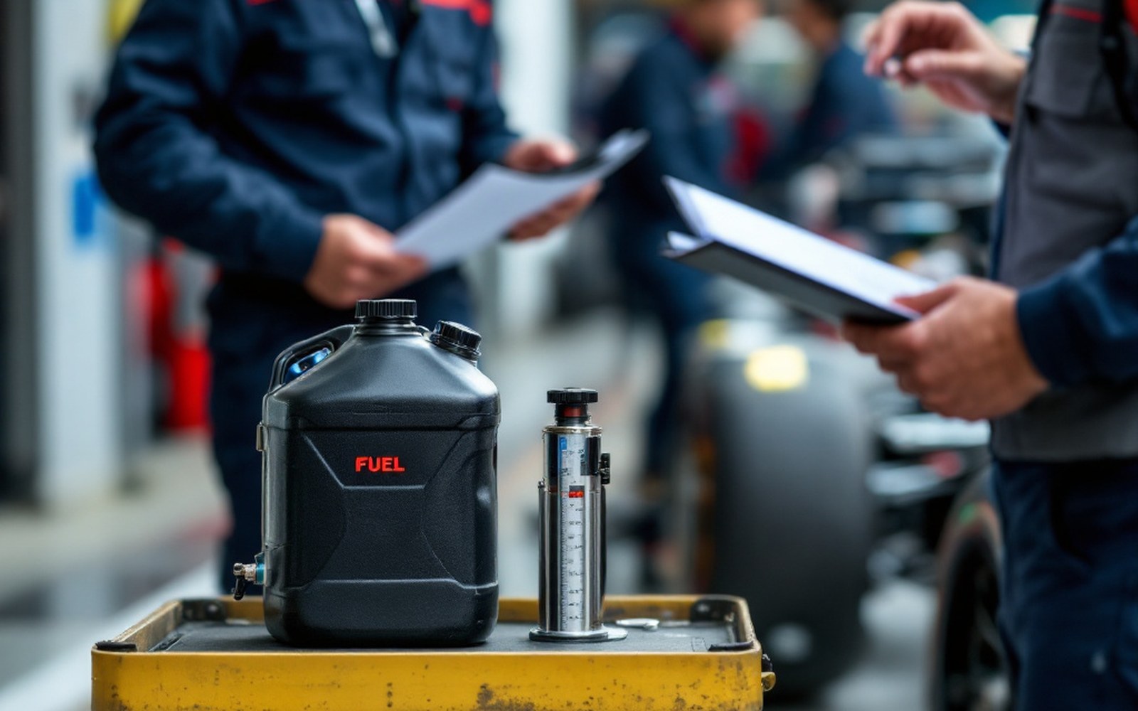 A fuel churn and measuring cylinder on a pit trolley beside a racing car, adult crew member holding a clipboard