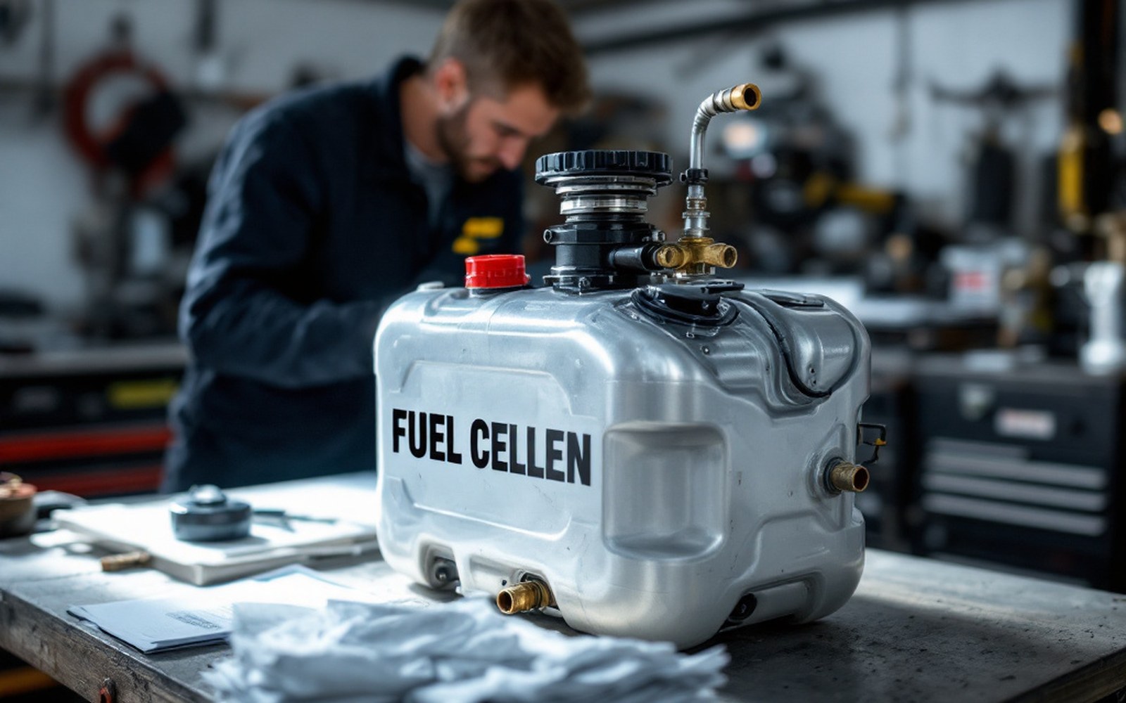 A flexible racing fuel cell removed from a car and standing on a workshop bench, its filler neck and fittings visible