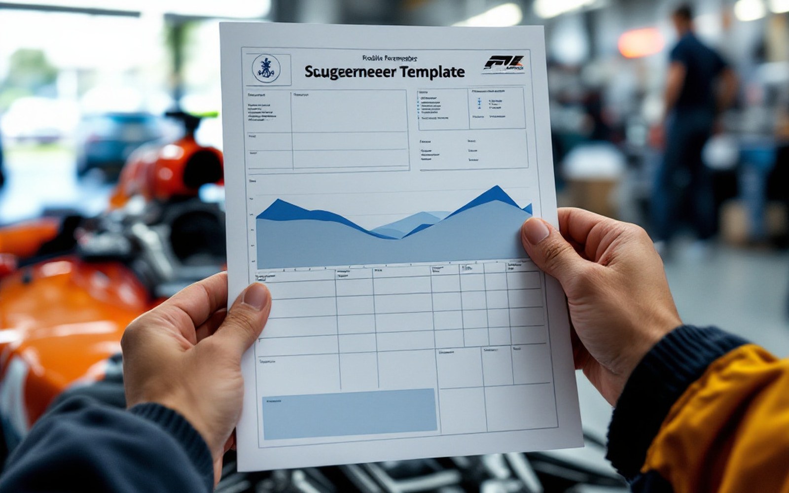 A scrutineer's template being offered up to the bodywork of a racing car in a garage, adult hands holding it square