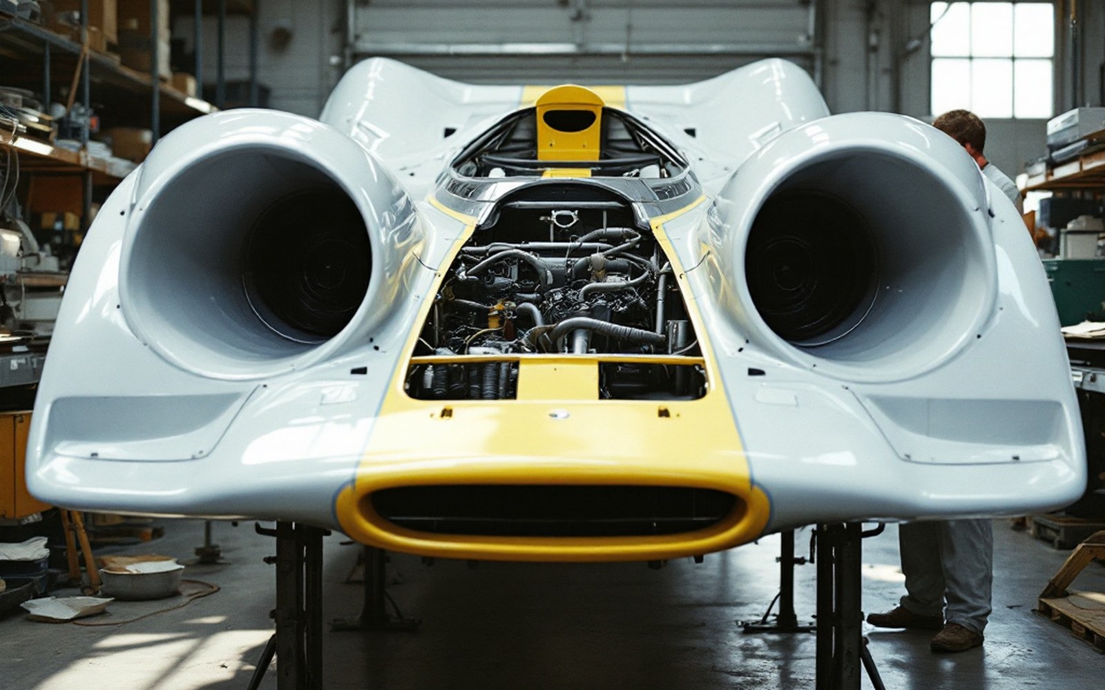 The underside of a ground-effect racing car of the late 1970s raised on stands, showing the shaped venturi tunnels either side of the cockpit