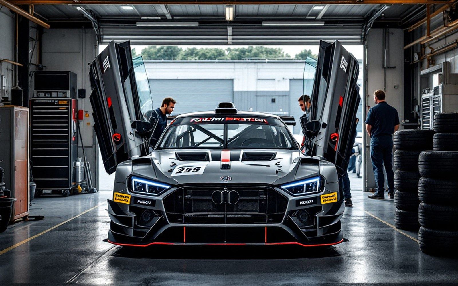 A production-based touring car in a paddock with its doors open and a roll cage visible inside, road tyres stacked alongside