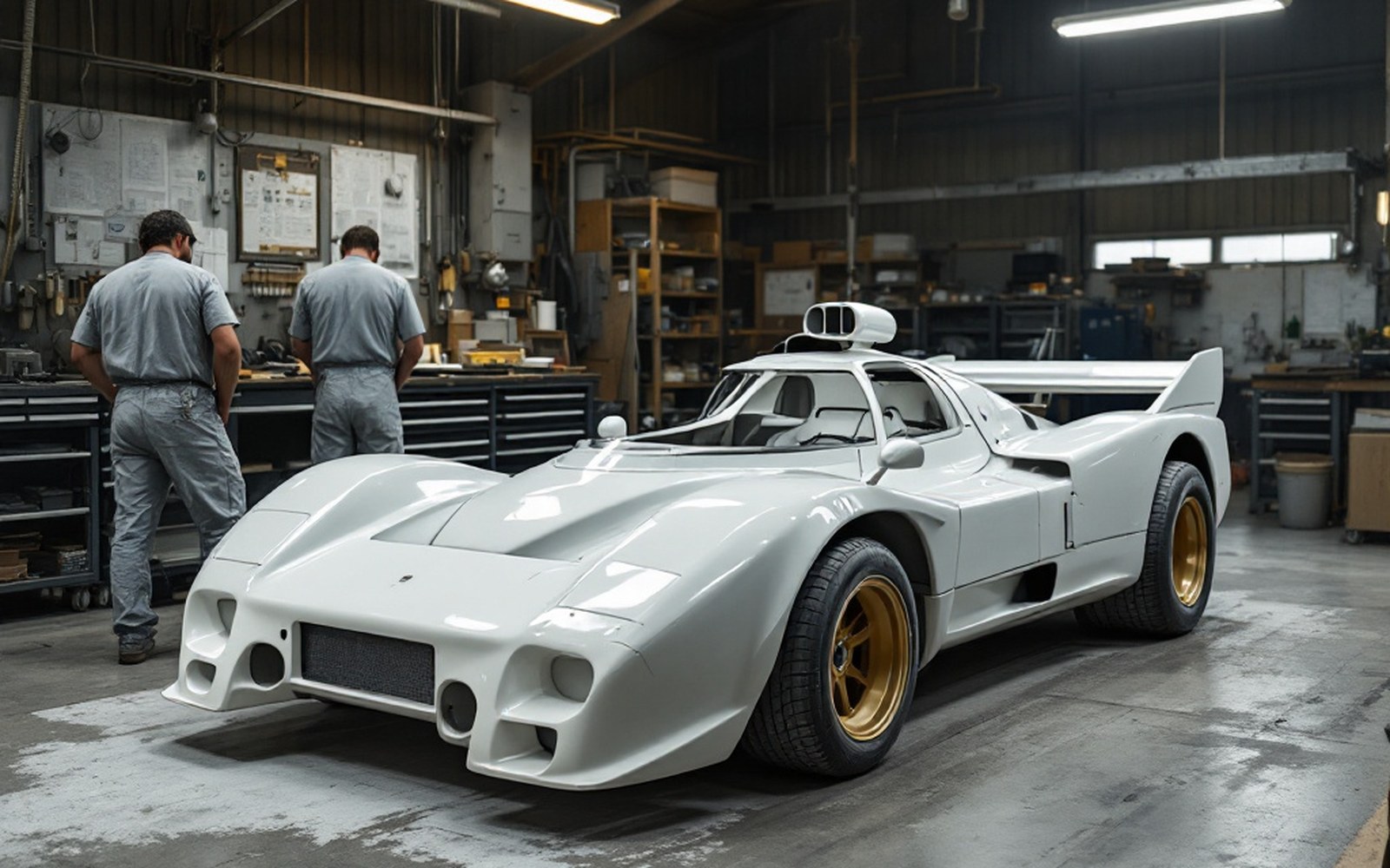 A prototype rally car of the mid-1980s in a workshop, unbadged and in plain primer, under strip lighting
