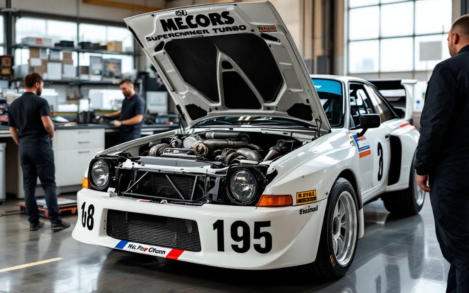 A boxy mid-engined Group B rally car in white competition livery with its rear clamshell raised, showing an engine carrying both a supercharger and a turbocharger, workshop floor