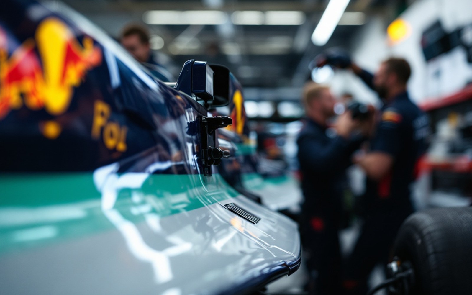 The rear wing of a racing car photographed close from the side, showing its mounting pillar and the adjuster slots in the endplate, garage lighting