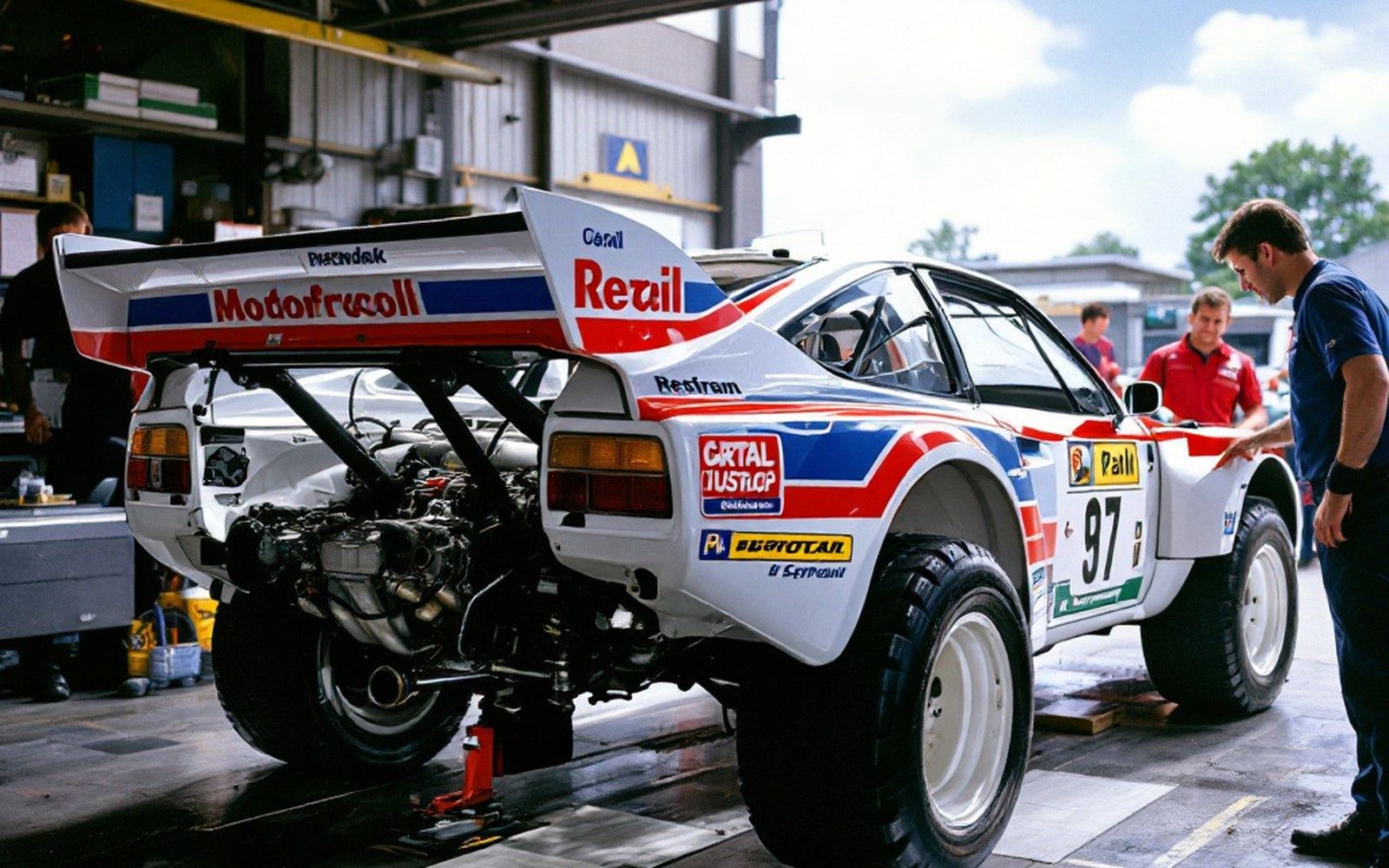 A mid-engined four-wheel-drive rally car of the mid-1980s in competition livery, boxed wheel arches and a large rear wing, rear bodywork tilted up to expose the transverse engine behind the seats, service park
