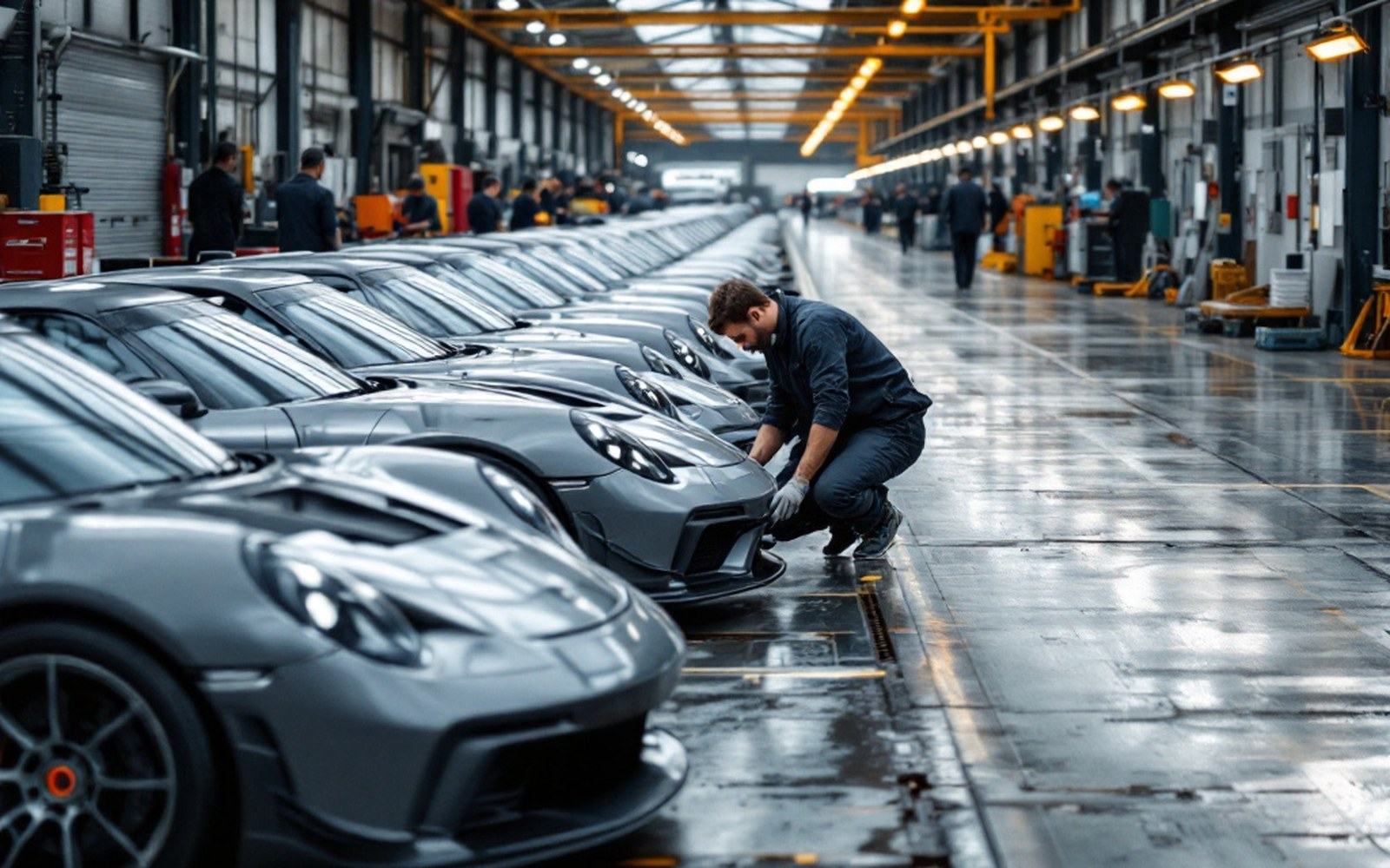 Row of identical homologation cars parked in a factory yard under overcast light