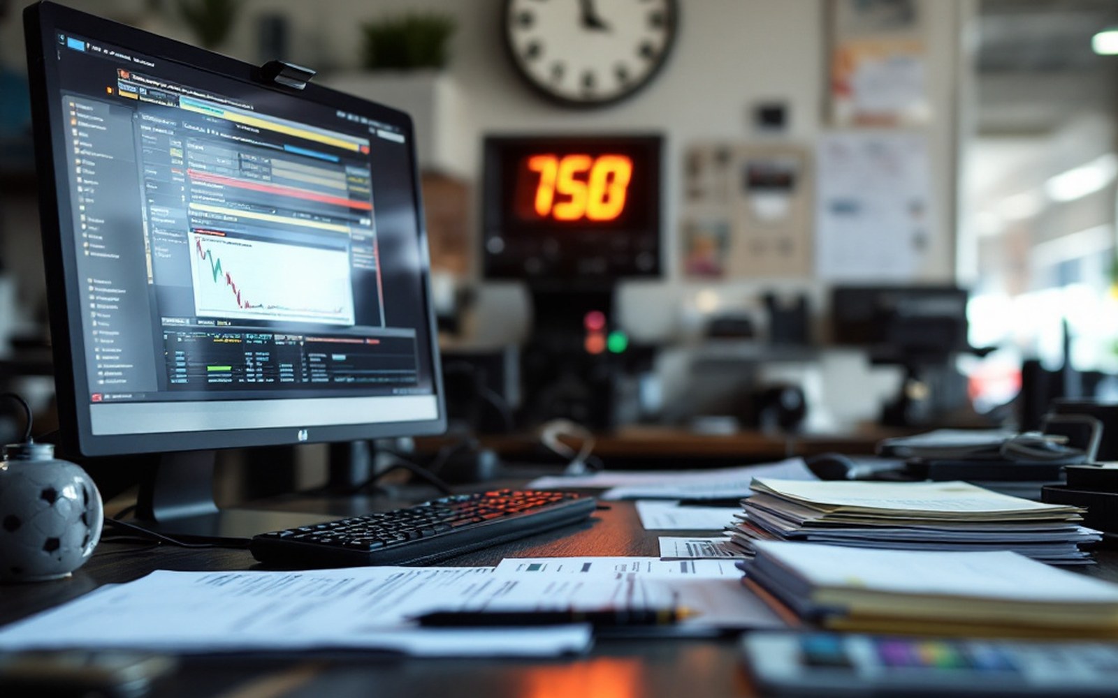 A timing office desk with a stack of official forms, a clock on the wall above and an adult official writing