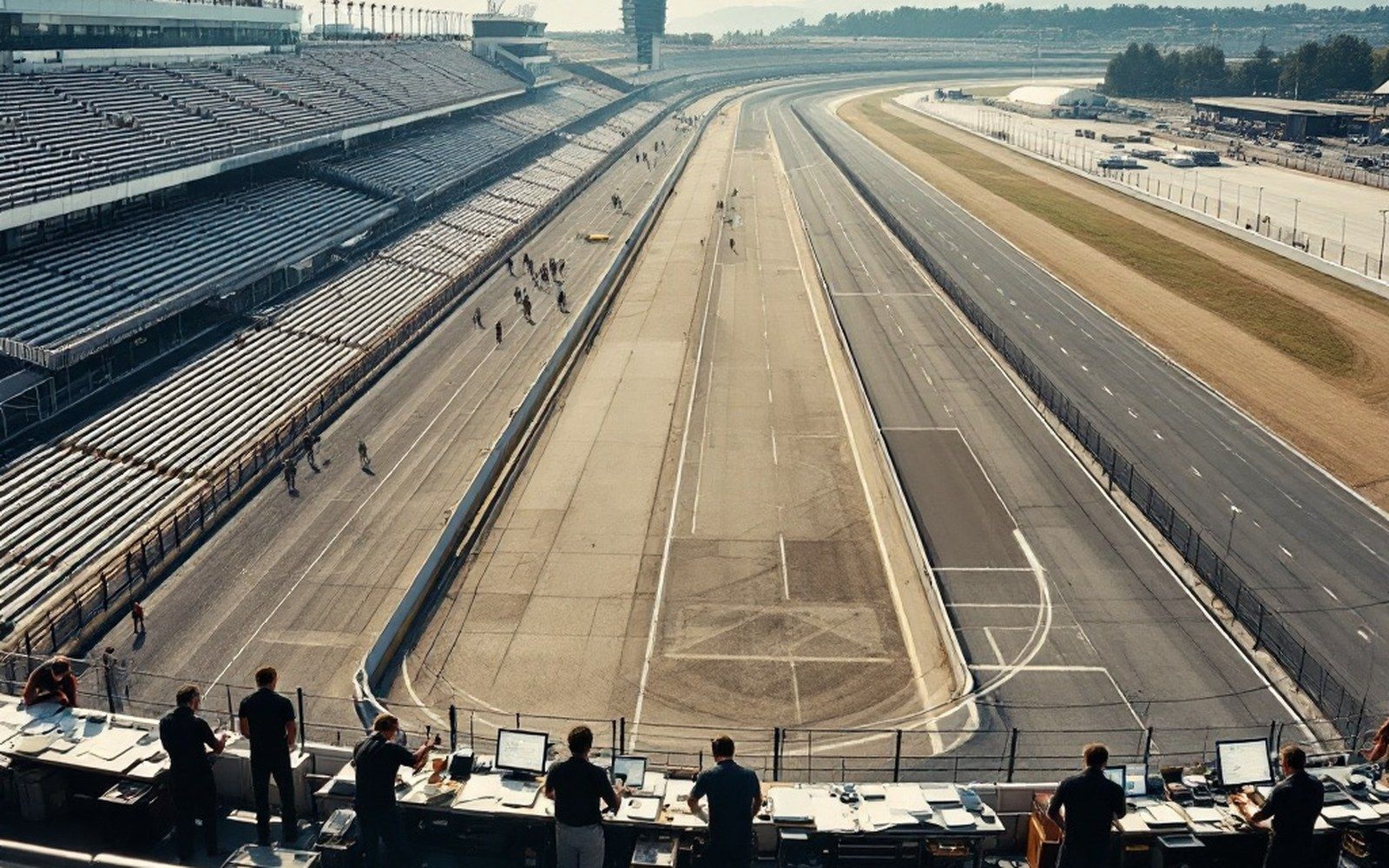 A vast oval speedway seen from high in the grandstand along the main straight, empty track, tiered seating curving away, flat daylight