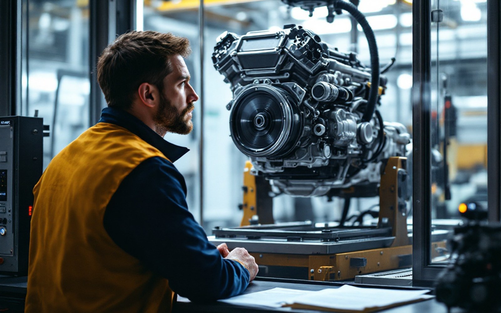 An engine on a dynamometer in a test cell behind glass, instrumentation racks in the foreground, adult engineer watching