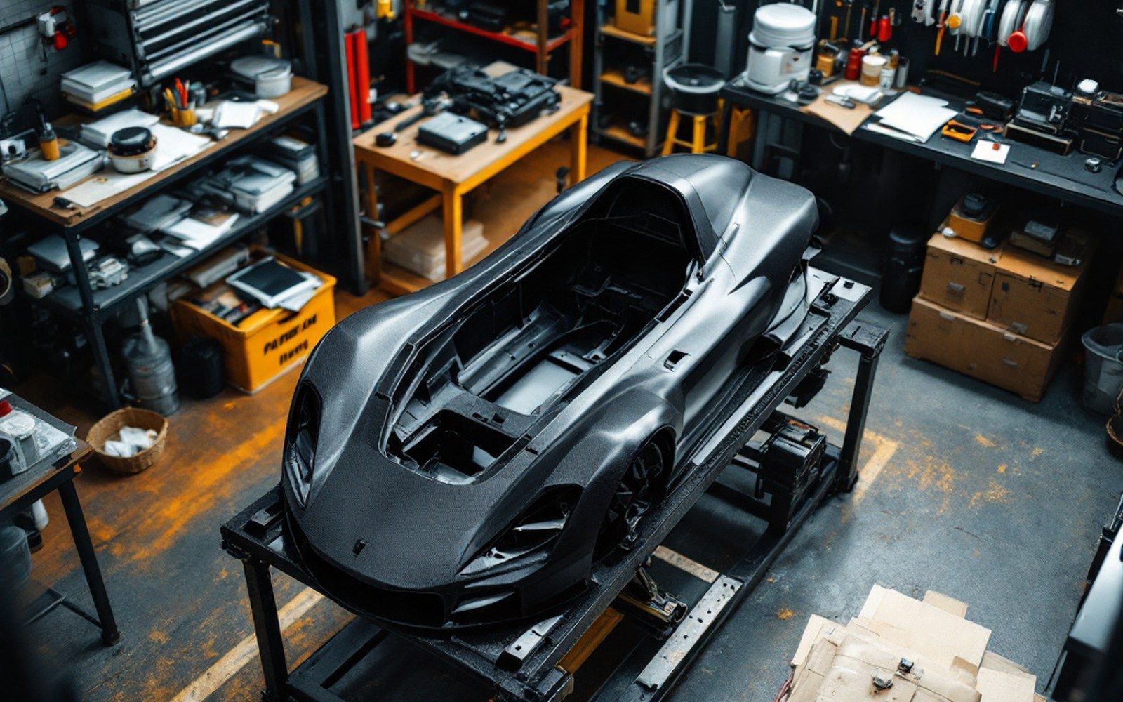 A carbon-fibre monocoque tub on a workshop trestle without engine or bodywork, viewed from above, workshop lighting