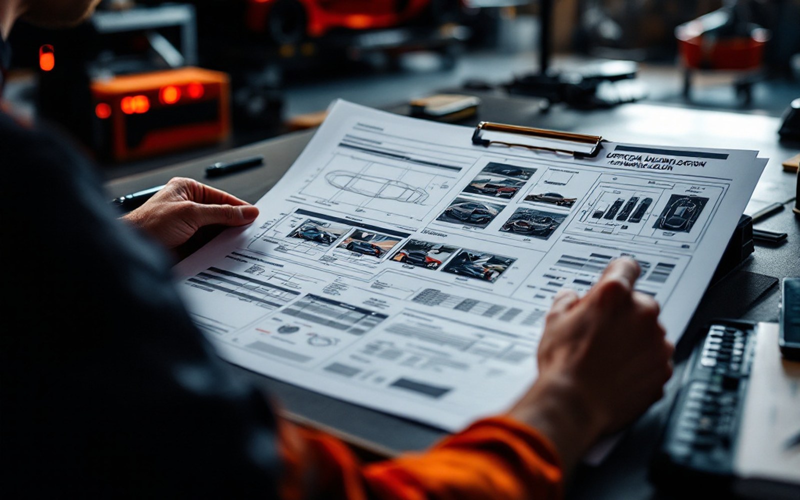 An official homologation document open on a desk showing dimensioned drawings and photographs of a car, stamped and signed
