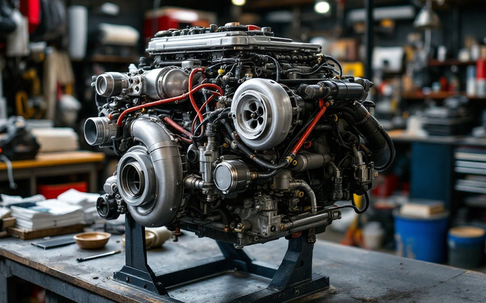 A 1.5-litre turbocharged Formula One engine of the 1980s stripped on an engine stand, turbocharger and plumbing visible, workshop bench