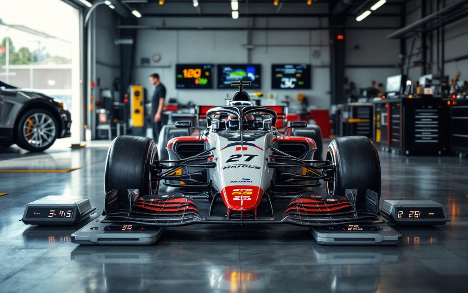 A racing car sitting on four corner-weight scales in a garage, digital readouts on the floor beside each wheel