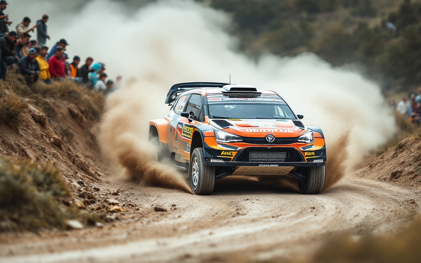 A four-wheel-drive rally car mid-corner on a loose gravel stage, dust hanging behind it, spectators well back behind a bank, overcast daylight